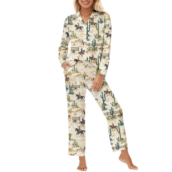 Bibifish Womens Pajama Sets Western Cowboy & Cactus Printed Long Sleeve Sleepwear Sets Button Down Pj Top With Pants Country-Style Cozy 2 Piece Pj Sets