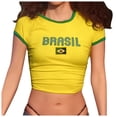 thumbnail image 1 of EliteGoogv Women T-Shirt Football Girls Fans Brasil Print Crew Neck Short Sleeve Contrast Trim Slim Fit Crop Top Retro Streetwear Sporty Fashion Tops,A,S, 1 of 4