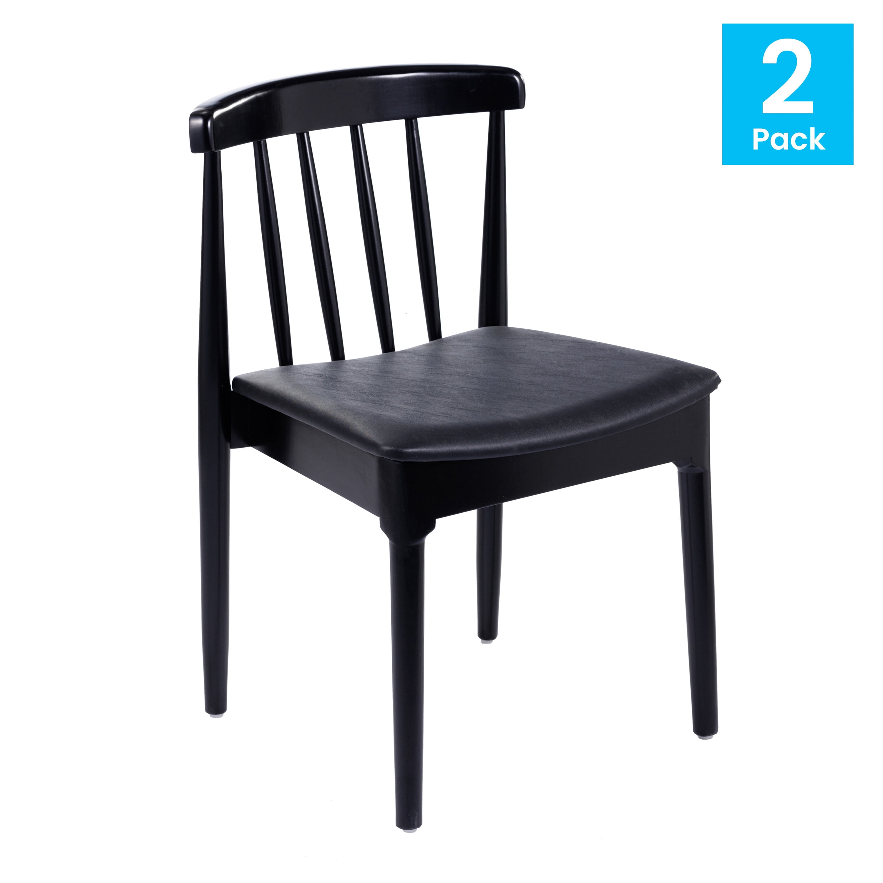 Emma + Oliver Set of 2 Solid Wood Dining Chairs with Spindle Backrests and Vinyl Seats, Black/Black