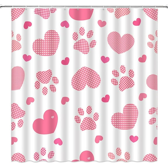 Valentine''s Day Shower Curtain Cute Paw Print Pink Heart Funny Modern Creative Plaid Romantic Lover Couple 70x70(WxH) Inch Bathroom Decor Fabric Curtain with Hooks