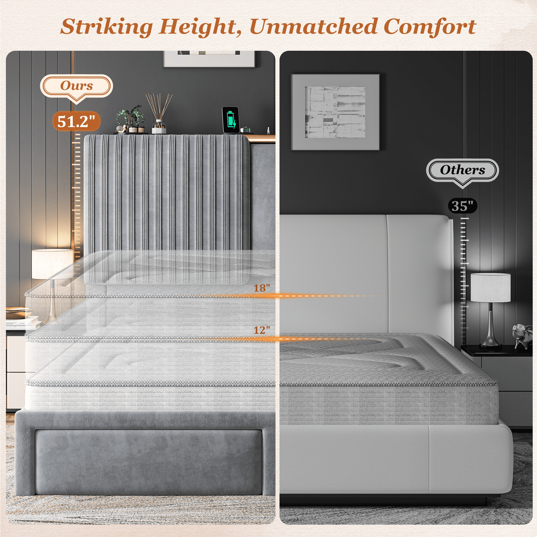 EnHomee Bed Frame Queen Size Bed Frame with 2 Storage Drawers Bed Frame with 51.2"Tall Headboard Upholstered  Bed Frame with Charge Station,Gray,No Box Spring Needed, Noise Free