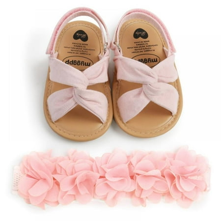 

Infant Baby Girls Summer Sandals with Flower Soft Sole Newborn Toddler First Walker Crib Dress Shoes + Headband 0-18Months