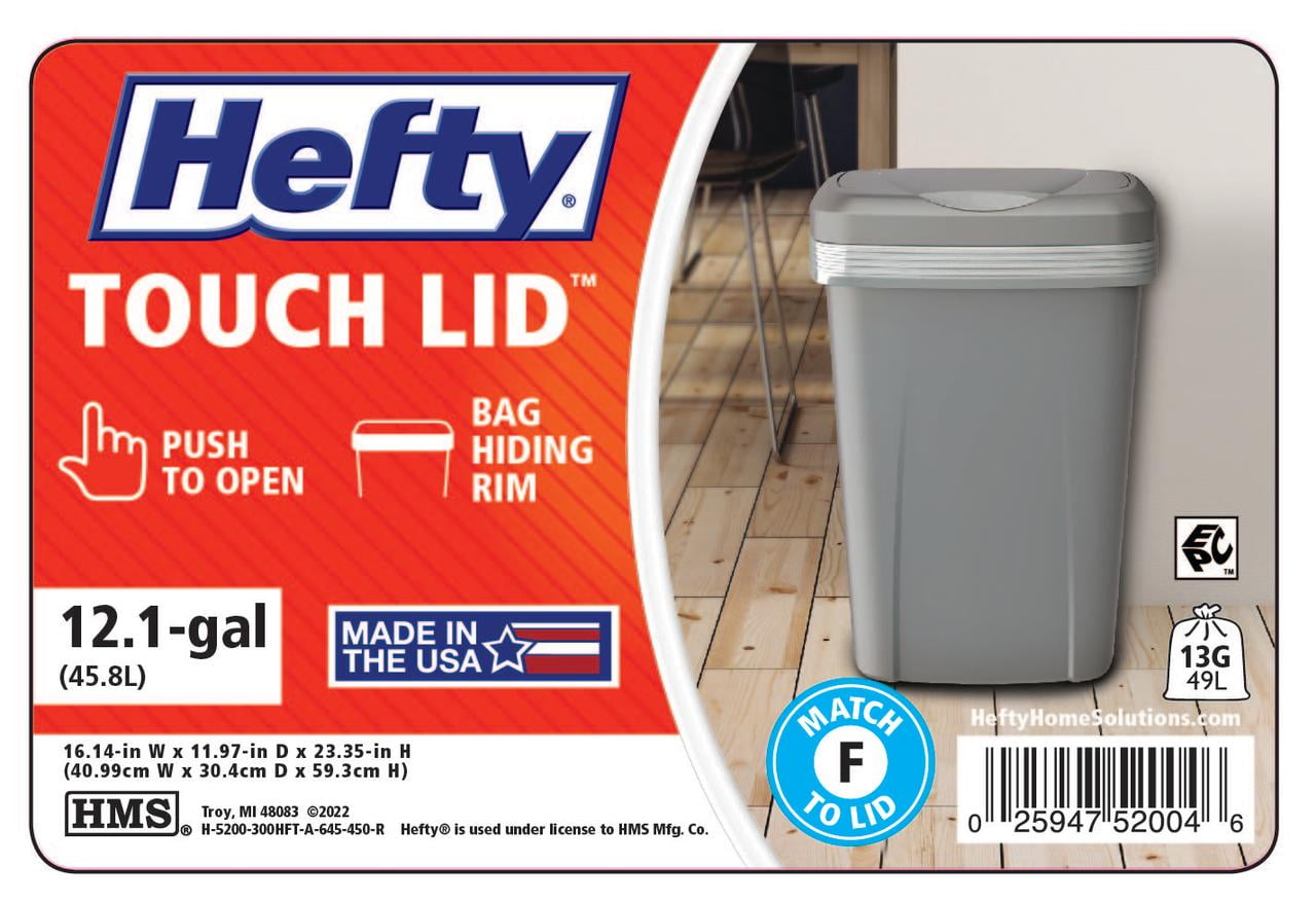 Hefty Kitchen Trash Can, 12.1 Gallon Plastic Touch Top Garbage Bin with Push Button Lid, Gray
