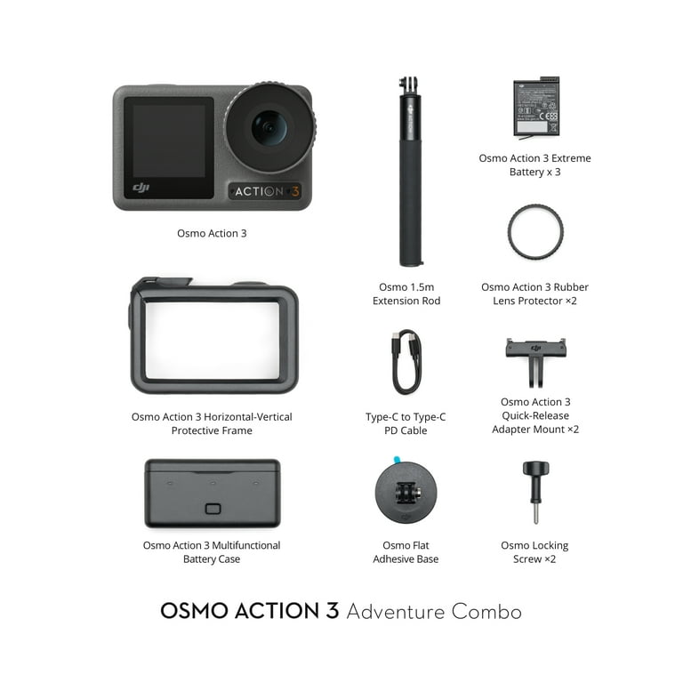 DJI Osmo Action 3 Adventure Combo Outdoor Action Camera 4K HDR Vlog Bundle  with Extension Rod + Triple Battery + Extended Protection + Deco Gear  Attachment Accessories Kit + 42