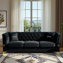 Newest 82.67" Black Velvet Chesterfield Sofa - Mid-Century Modern 3-Seater with Gold Legs for Primary Living Space​