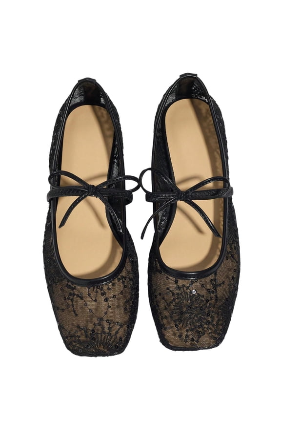 Women'S Embroidery Lace Mesh Ballet Flats, Elegant Square Toe Flat Shoes, All-Day Cushioned Comfort, Adjustable Secure Fit, Work-To-Weekend Versatility