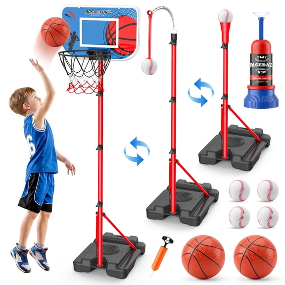 Freecat 4-in-1 Toddler Basketball Hoop& Baseball& Teee Ball Set for Toddlers 3 4 5 6 7 8 Years Old, Toddler Outdoor& Indoor Toys, Kids Sports Set Gift for 3-12 Years Old Boys, Birthday Christmas.