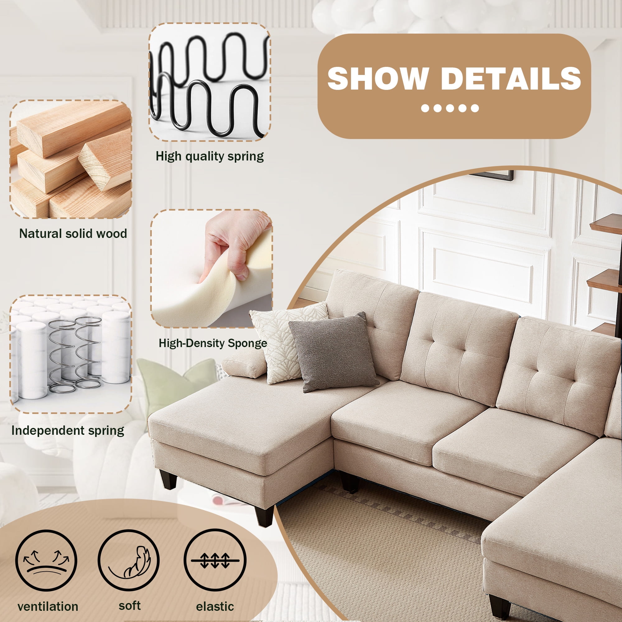 Soscana 105" Sectional Sofa U Shaped Couch with Double Chaises, Modern Linen Sofa Oversized 4 Seater Couch for Living Room, Apartment, Office, Studio