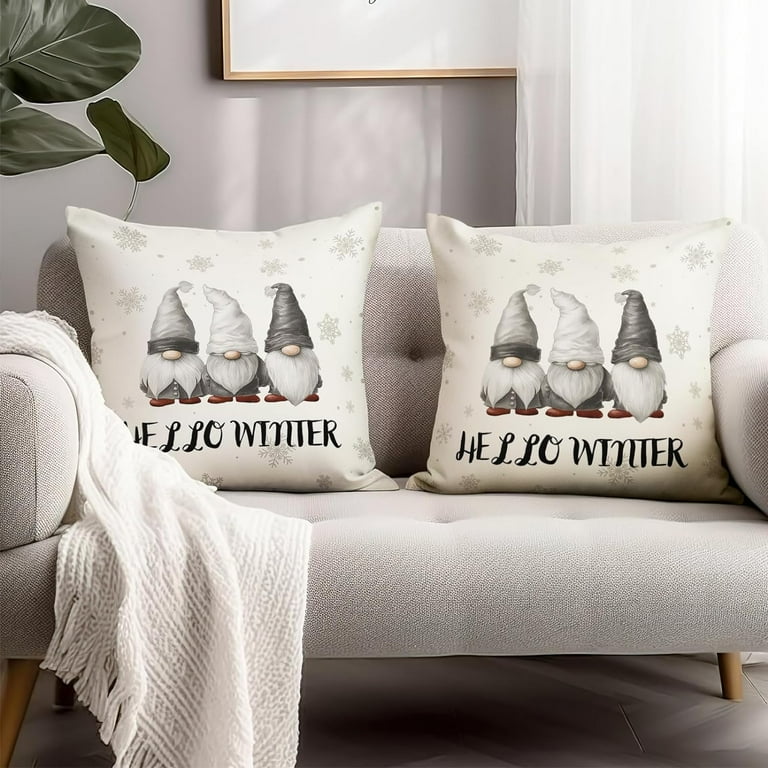GZHJMY Hello Winter Throw Pillow Covers 16x16 Set of 2 Three Cute Black Gnomes Snowflakes Pillow Case Christmas White Pillow Covers Seasonal Farmhouse Cushion Case for Home Holiday Outdoor Walmart