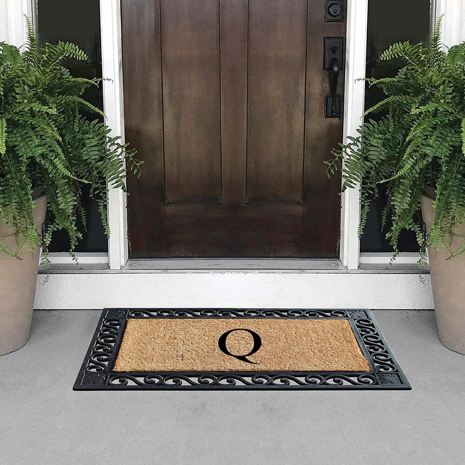 A1HC Natural Coir and Rubber Paisley border Monogrammed Doormat, Anti-Shed Treated Durable for Outdoor Entrance , 23"X38", Black
