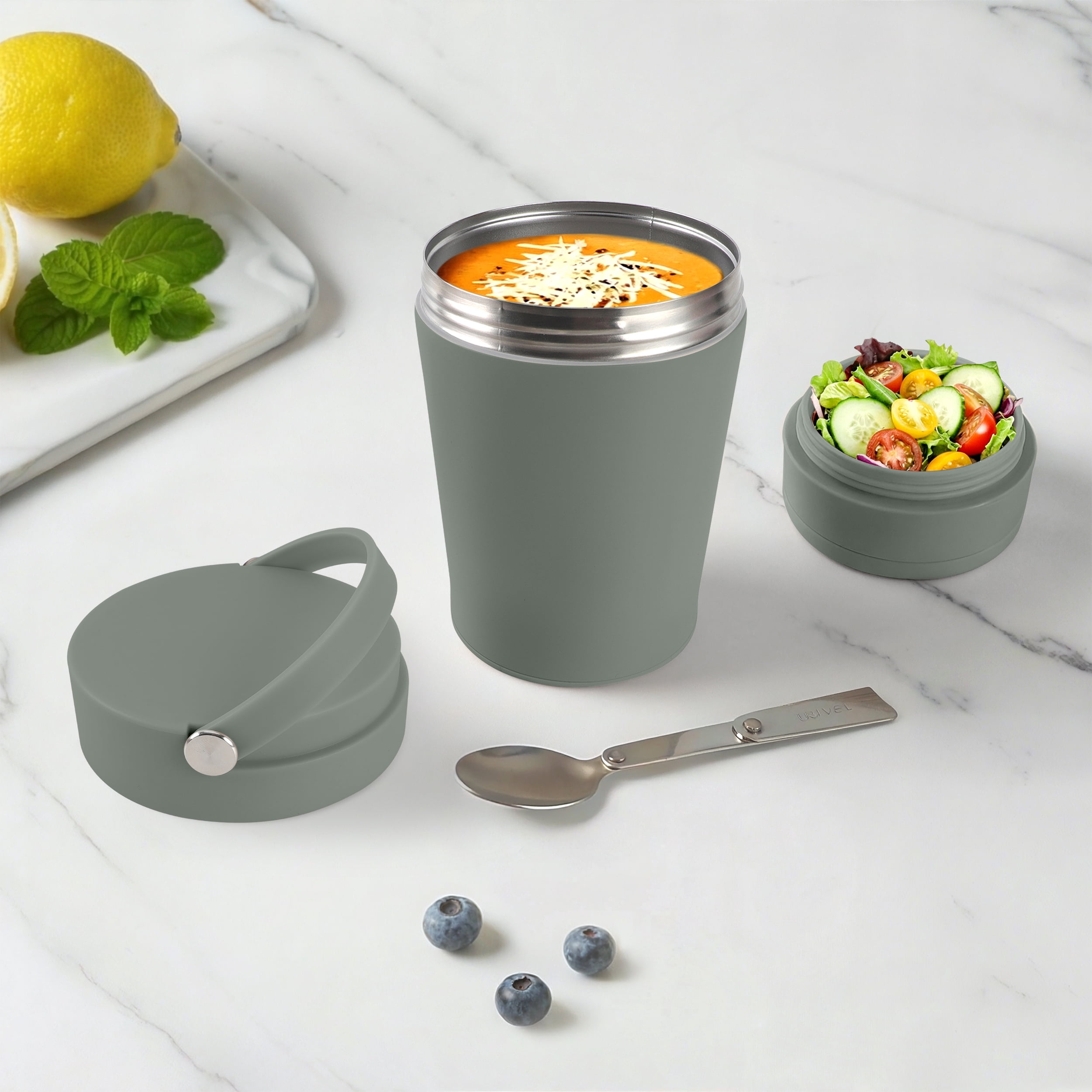 Cook with Color Insulated Ice Cream or Soup Container with Toppings Compartment and Spoon, Sage