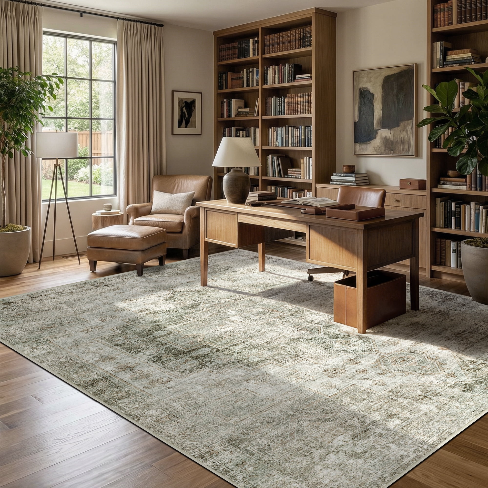 ATHOPE 5x7 Area Rug, Vintage Boho Medallion Rugs Non-Slip Soft Low Pile Washable Rug Large Distressed Rug Indoor Retro Carpet for Living Room Bedroom Dining Room Home Office, Beige