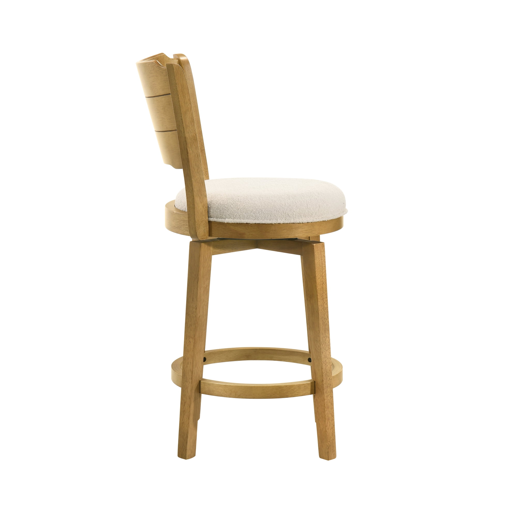 Winsley Coastal Modern Swivel Wood Counter Height Kitchen Bar Stool in Amber Glow Finish with White Boucle Fabric Upholstered Seat - Set of 3