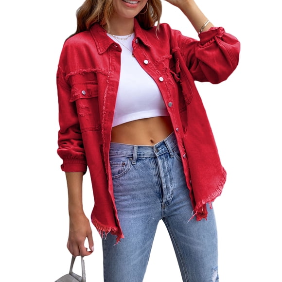 Gupgi Women Denim Jackets Ripped Distressed Coat Solid Color Long Sleeve Button Down Boyfriend Jean Coat