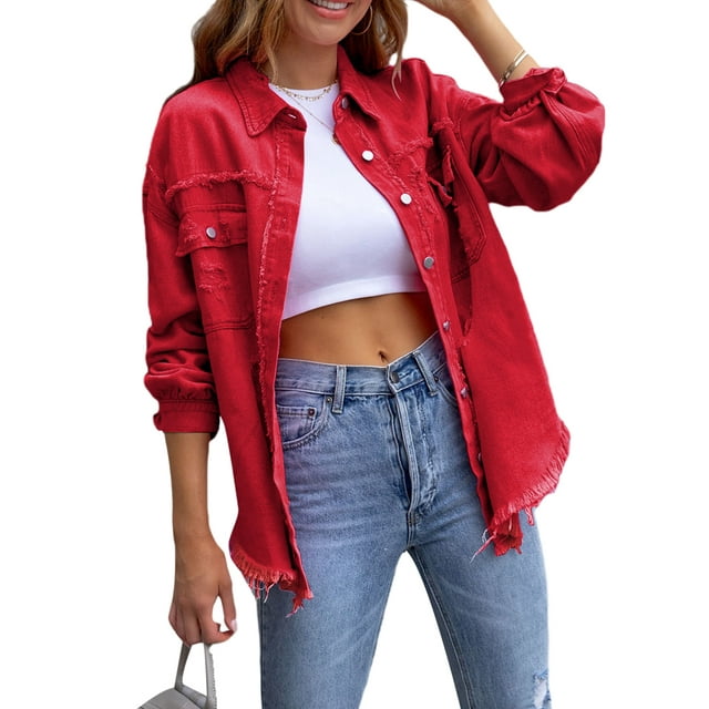 Gupgi Women Denim Jackets Ripped Distressed Coat Solid Color Long Sleeve Button Down Boyfriend Jean Coat