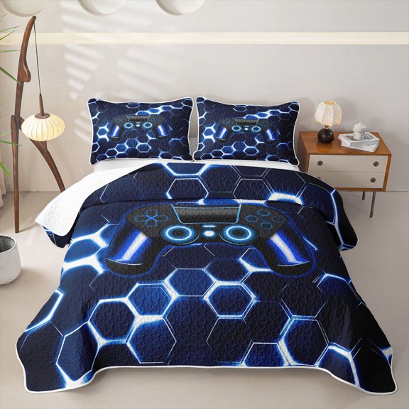 meiyoeat Gradient Gamepad Twin Quilt Set for Boys Gamers, Neon Honeycomb Blue Gaming Twin Coverlet Set, 2 Pieces 1 Bedspread and 1 Pillowcase