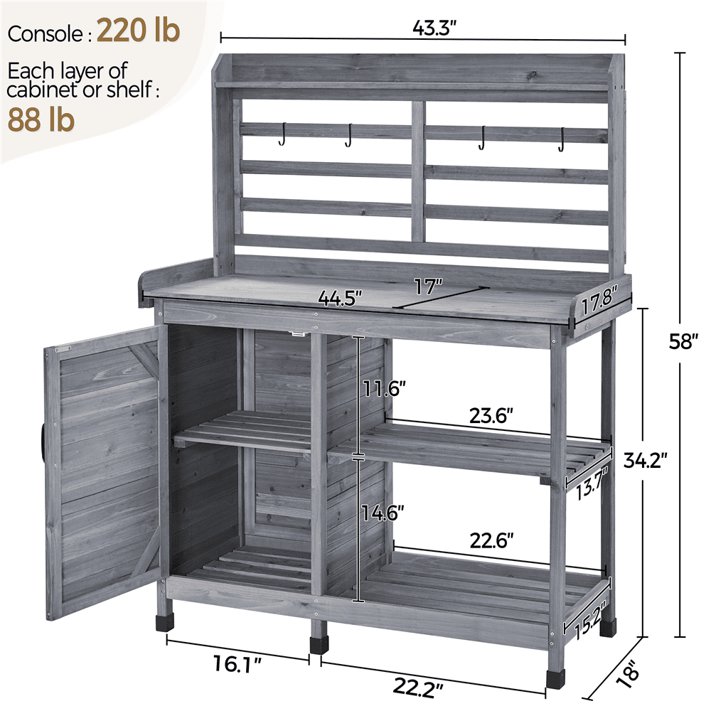 Renwick 4-layer Garden Potting Bench with Cabinet and Open Shelf,Gray