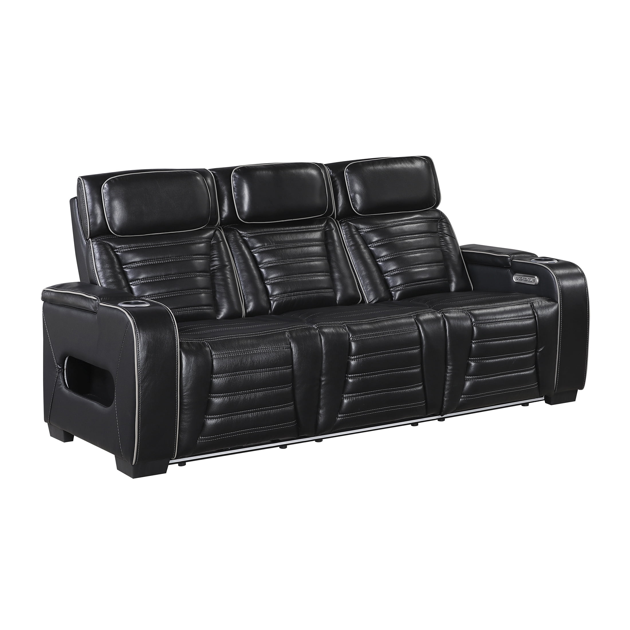 OakvillePark Elantra Leather Match Power Double Reclining Sofa with Center Drop-Down Cup Holder/Power Headrests/Storage Arms/Reading Lights/Wireless Charger/Air Massage/Heat/LED Lighting, Black