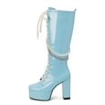 thumbnail image 7 of Xiaoxatg Women's -High Boots Solid Color Square Toe Thick High Heels Platform Glossy Leather Lace Up Pearl Chain Fashion High Boots 8 Blue, 7 of 7
