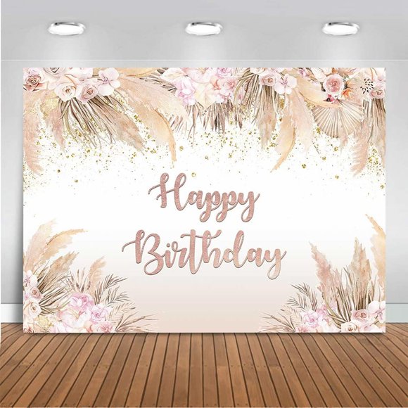 Boho Happy Birthday Backdrop Women Girls Boho Chic Pink Flowers Birthday Background Vinyl Bohemian Pampas