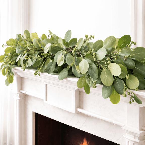 Kobiva Eucalyptus Garland for Mantel | Farmhouse Greenery Mantle Decor, 6ft Faux Seeded Garland for Fireplace, Table Runner, Wedding & Home Décor — Year-Round Artificial Greenery