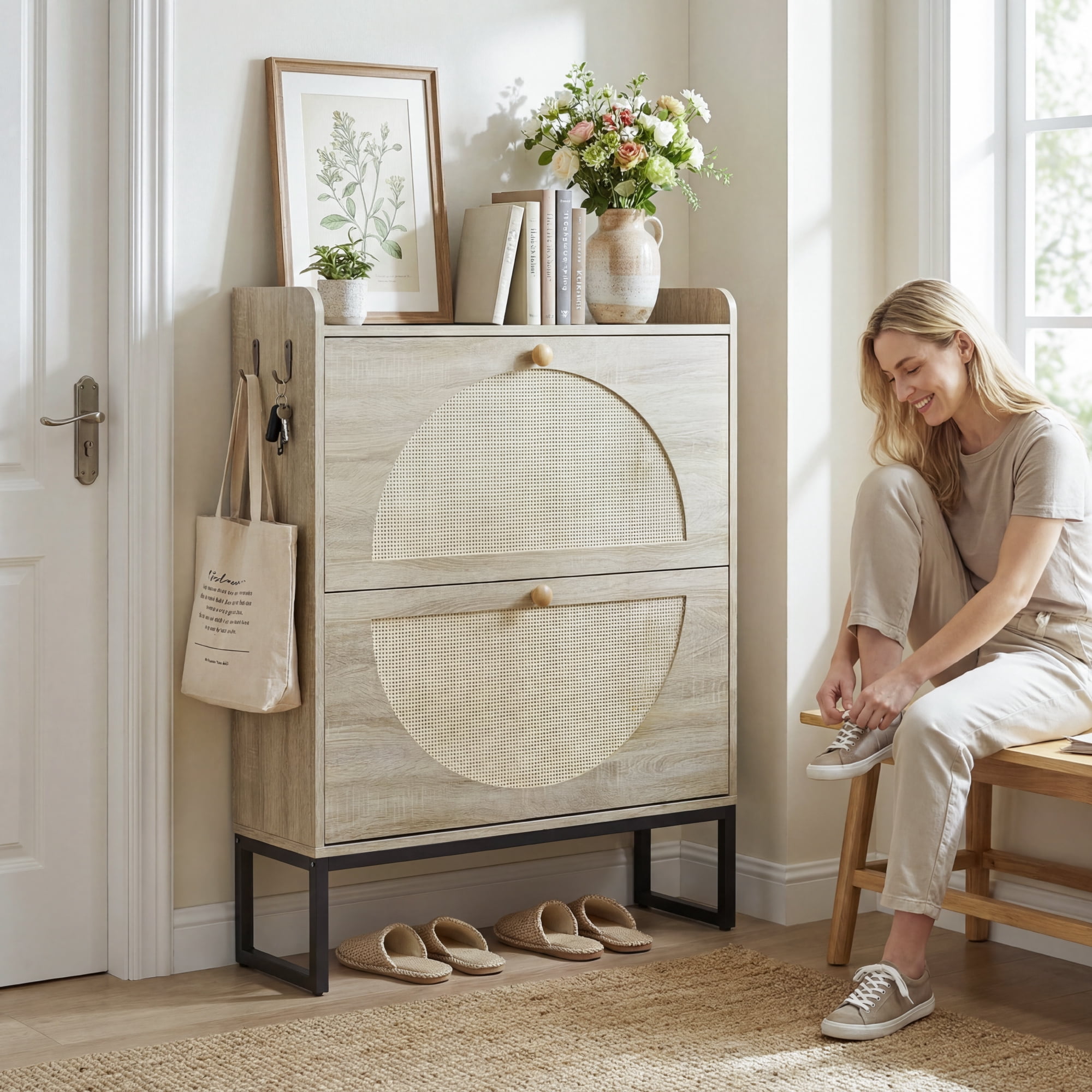 Furnibear Shoe Cabinet with Rattan Doors for Entryway Shoe Storage, Natural Wood