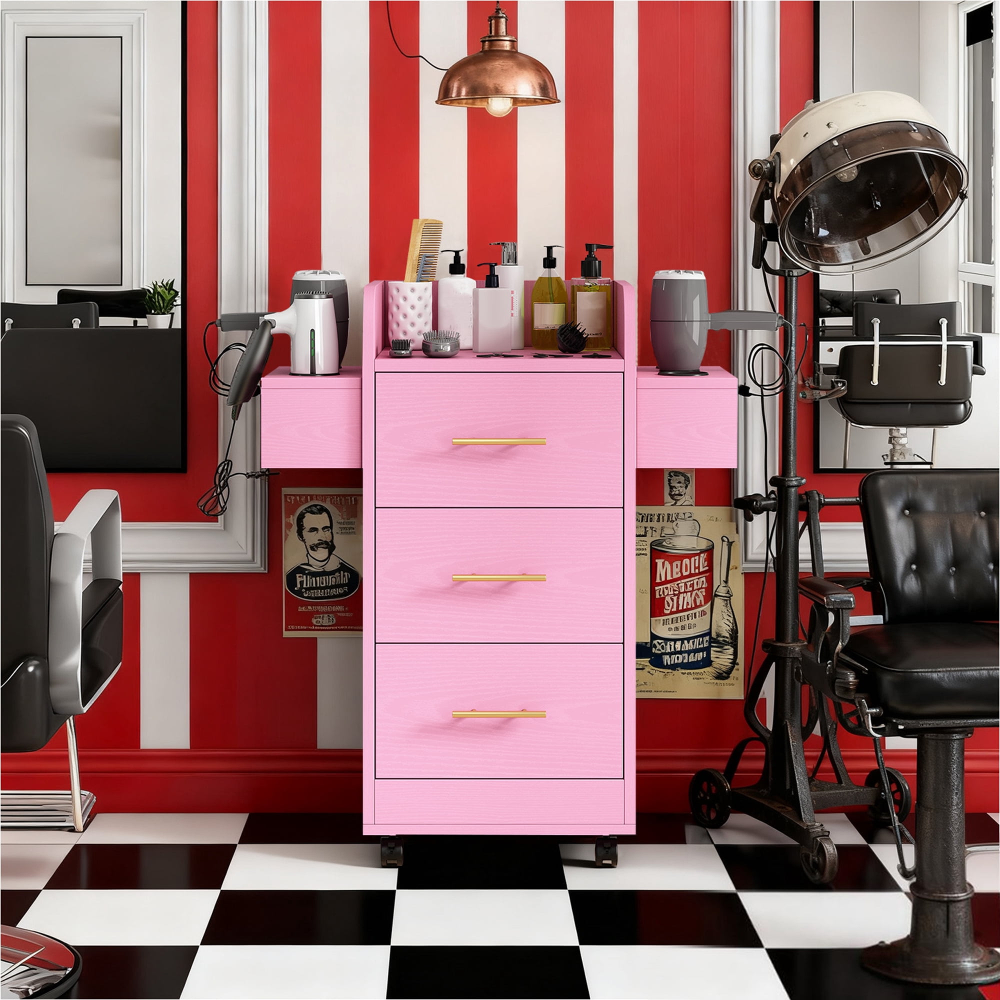 4 EVER WINNER Pink & Gold Barber Storage Cabinet with Gold Handles, Rolling Salon Station with 3 Drawers & 6 Tool Holders, Stylish Movable Cart for Hair Styling Tools