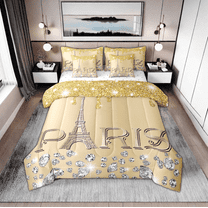 YST Paris Comforter Sets Queen for Women 7 Piece,Girly Glitter Eiffel Tower Bedding Set Valentine's Day Diamond Bed in A Bag,Golden Sparkles Sequins Reversible Bed Sets with Sheet Set