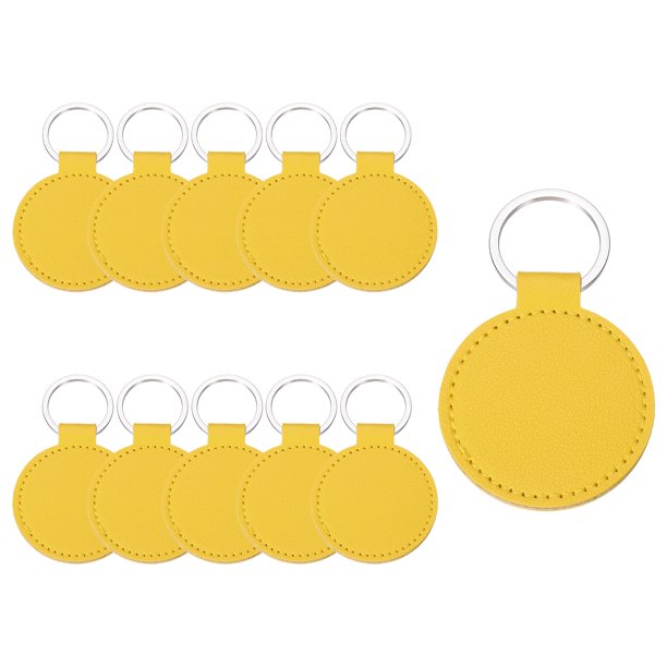 Uxcell 10 Pcs blanks de llavero de cuero PU en bulk, llavero circular para grabado láser, kit de llavero de cuero con anillos para suministros de bricolaje y regalos (Amarillo, 2" Diámetro.)