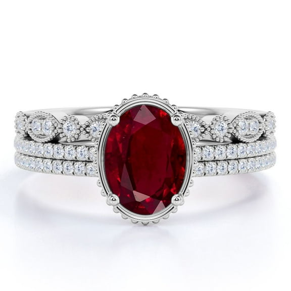JeenMata 2 Carat Oval Cut Art Deco Blood Red Lab Created Ruby Trio Ring Set in 18k White Gold over Silver