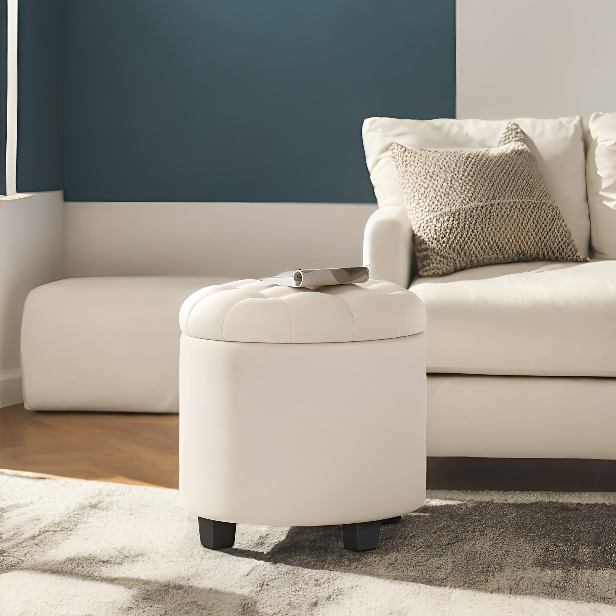 LEDREM Round Storage Ottoman - 17.7" Foot Rest with Hidden Storage, 330lb Capacity, Linen-Look Upholstery, Non-Slip Feet - for Living Room, Bedroom, Light Beige