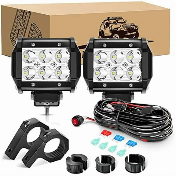 Waywe 2PCS 18W LED Pods Spot Light Bar Fog Light Mounting Bracket Horizontal Bar Tube Clamp with 16AWG Off Road Wiring Harness-2 Leads for Truck Golf Cart SUV ATV UTV Boat, White