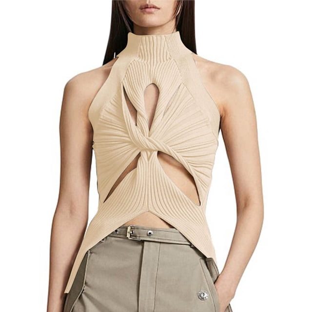JGGSPWM Débardeur Tricoté Sans Manches Aguichant avec Découpe Torsadée devant Beige G