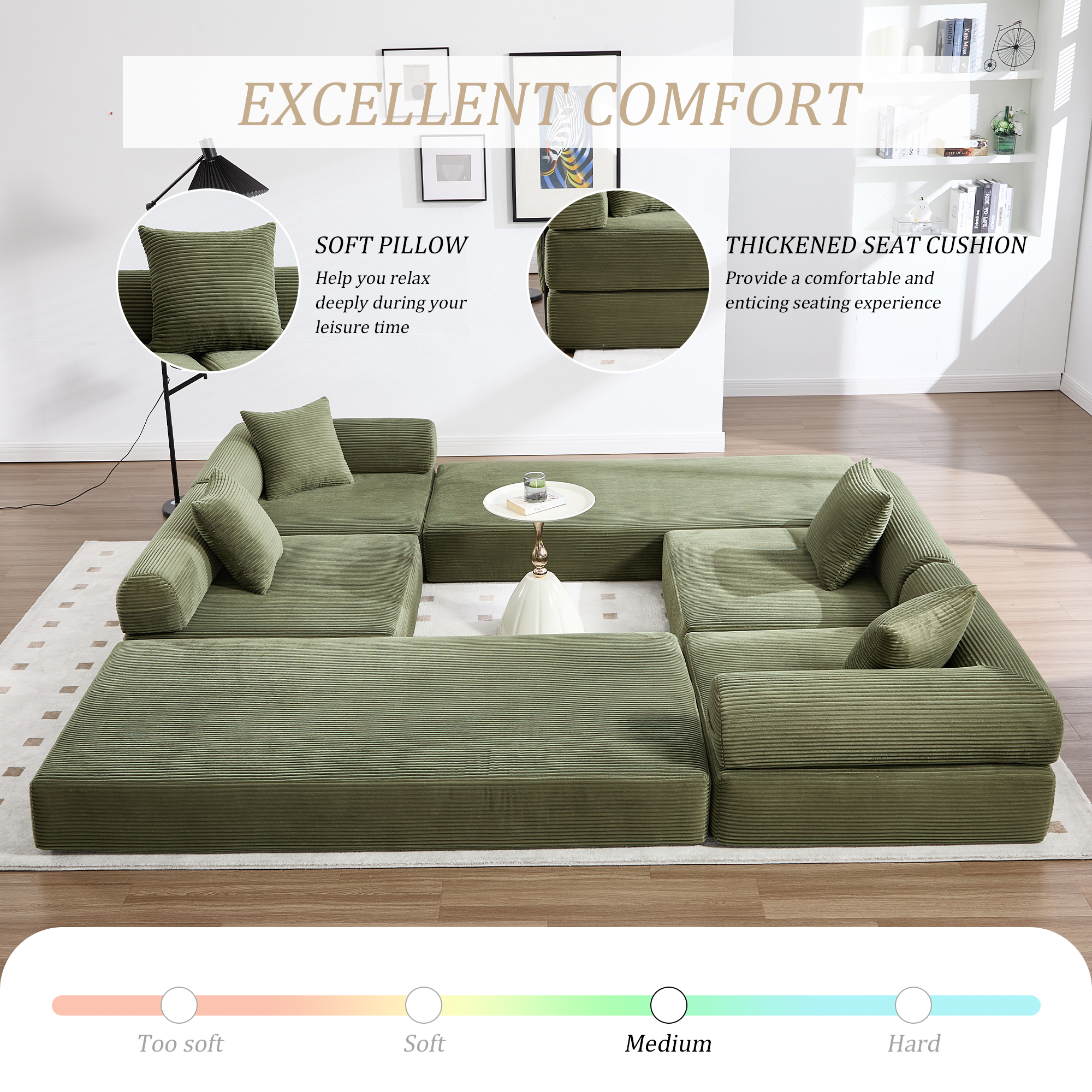 MOONMISS Corduroy Upholstered Convertible Folding Sofa Bed with Fixed Frame and Pillow Back Handrail-Olive Green