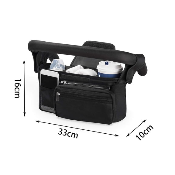 Multifunctional Stroller Organizer Bag With Insulated Cup Holders And Detachable Wrist Strap For Parents Black