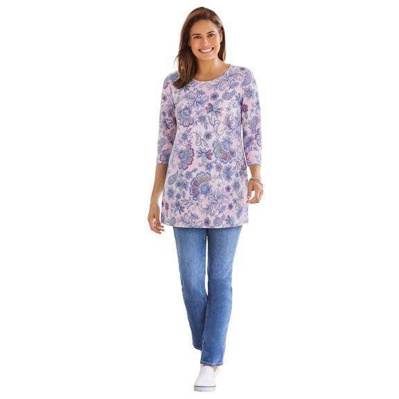 Woman Within Plus Size Perfect Printed Three-Quarter Sleeve Crewneck Tunic