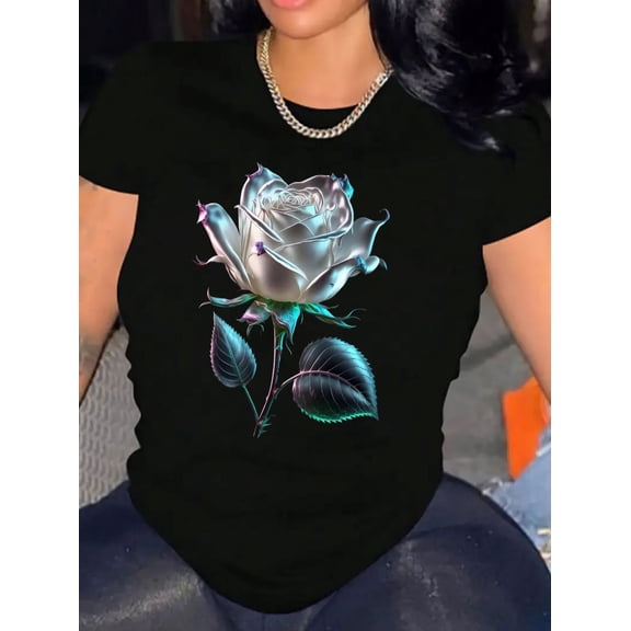 Women’s Iridescent Silver Teal Rose Floral Graphic Crew Neck Short Sleeve Casual T-Shirt