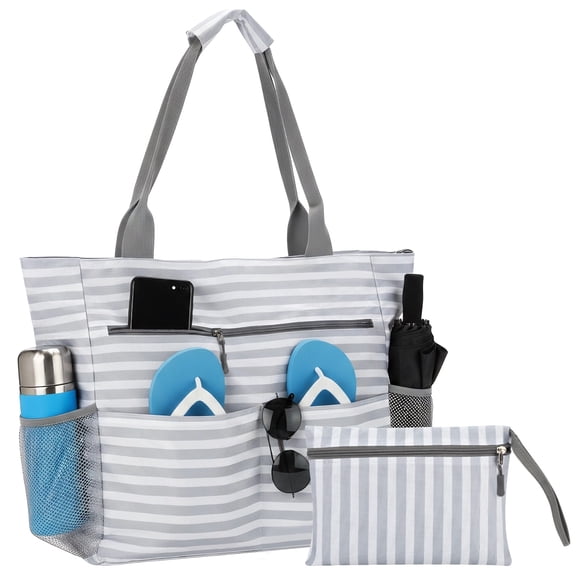Beach Bag for Women, Foldable Waterproof Sandproof Tote with Wrist Pouch, Zipper Closure, Multiple Pockets, Multifunctional Organizer for Travel Gym, 16.5 x 15.4 x 5.9 in