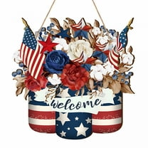 LAMIRO Patriotic Welcome Door Decoration 4th of July Wooden Sign for Front Door Memorial Day Wall Decor Vintage Red White Blue Wreath American Flag Plaque Independence Day Decor