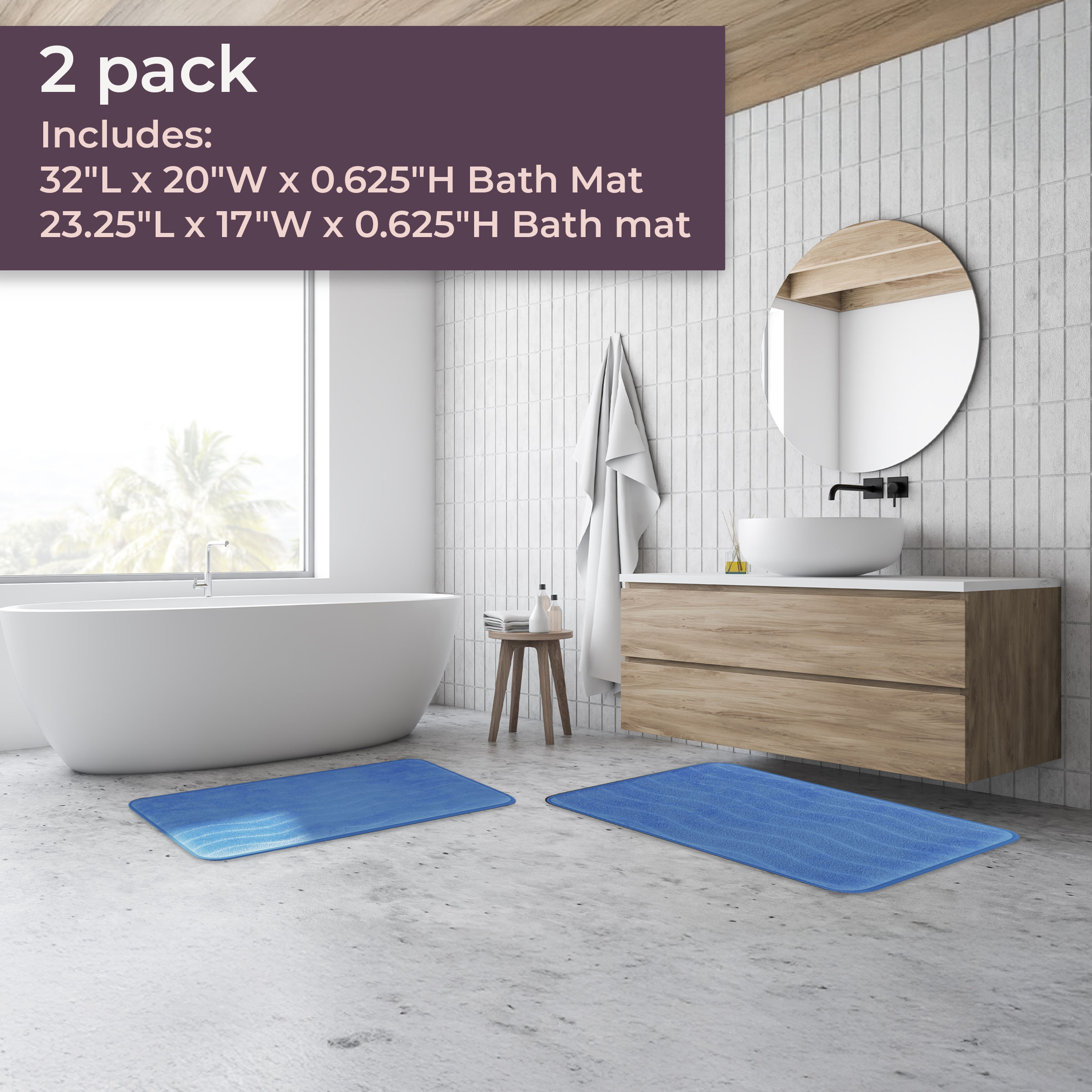 Bathroom Rug Set- 2-Piece Memory Foam Bath Mats- Wavy Microfiber Top-Non-Slip Absorbent Runner for Shower, Tub, Sink, or Kitchen by Somerset Home (Blue)