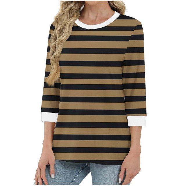 Soki Womens 3/4 Sleeve Striped Crewneck T-Shirts Color Block Short Sleeve Tops Casual Basic Tee