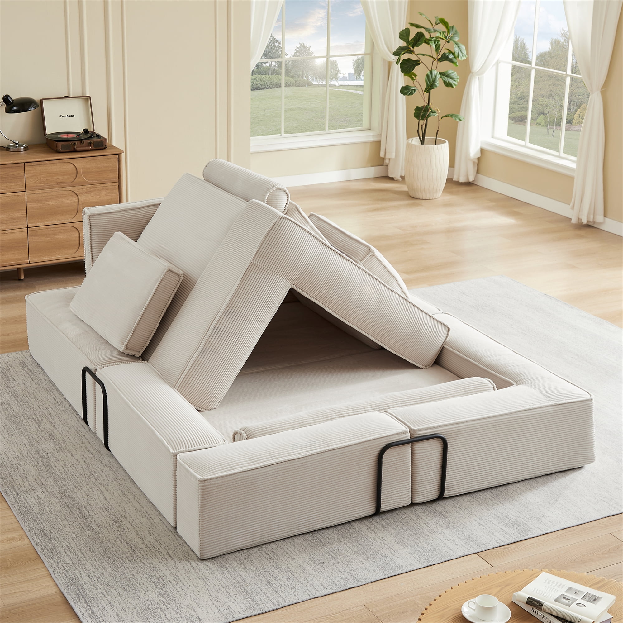 Aukfa 109" Oversized Convertible Sofa Bed Futon with Fixed Frame, Folding Pull Out Modular Boneless Sofa for Living Room, Corduroy, Beige