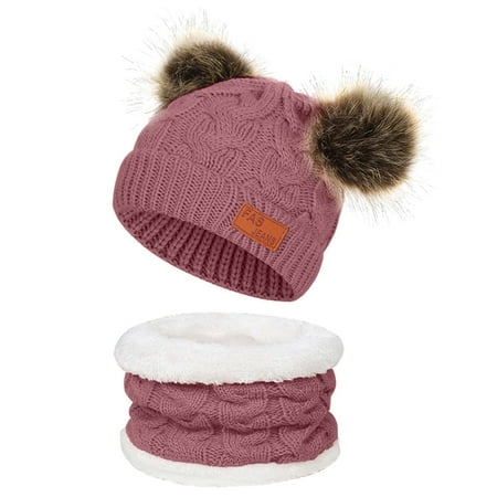 

QWERTYU Children Knitted Ski Beanie Toddler Baby with Scarf Hat Winter Faux Fur Pompom Cap for Girl Boy 1Y-8Y One Size