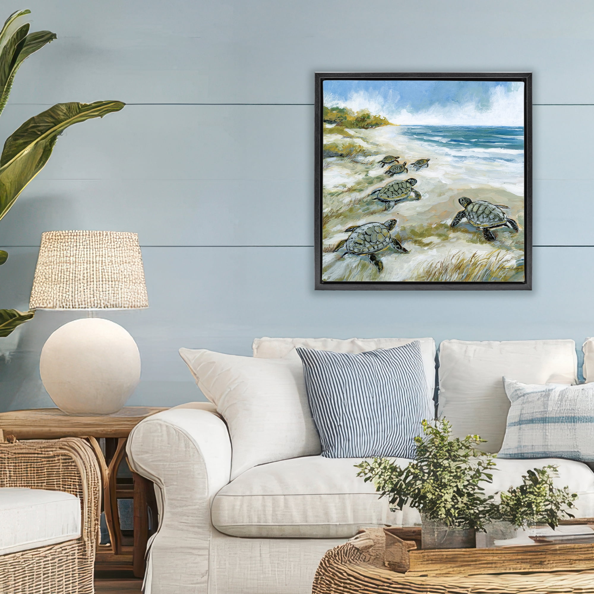 Stupell Industries Baby Sea Turtles on Beach Black Framed Floater Canvas Wall Art, design by Susan Winget