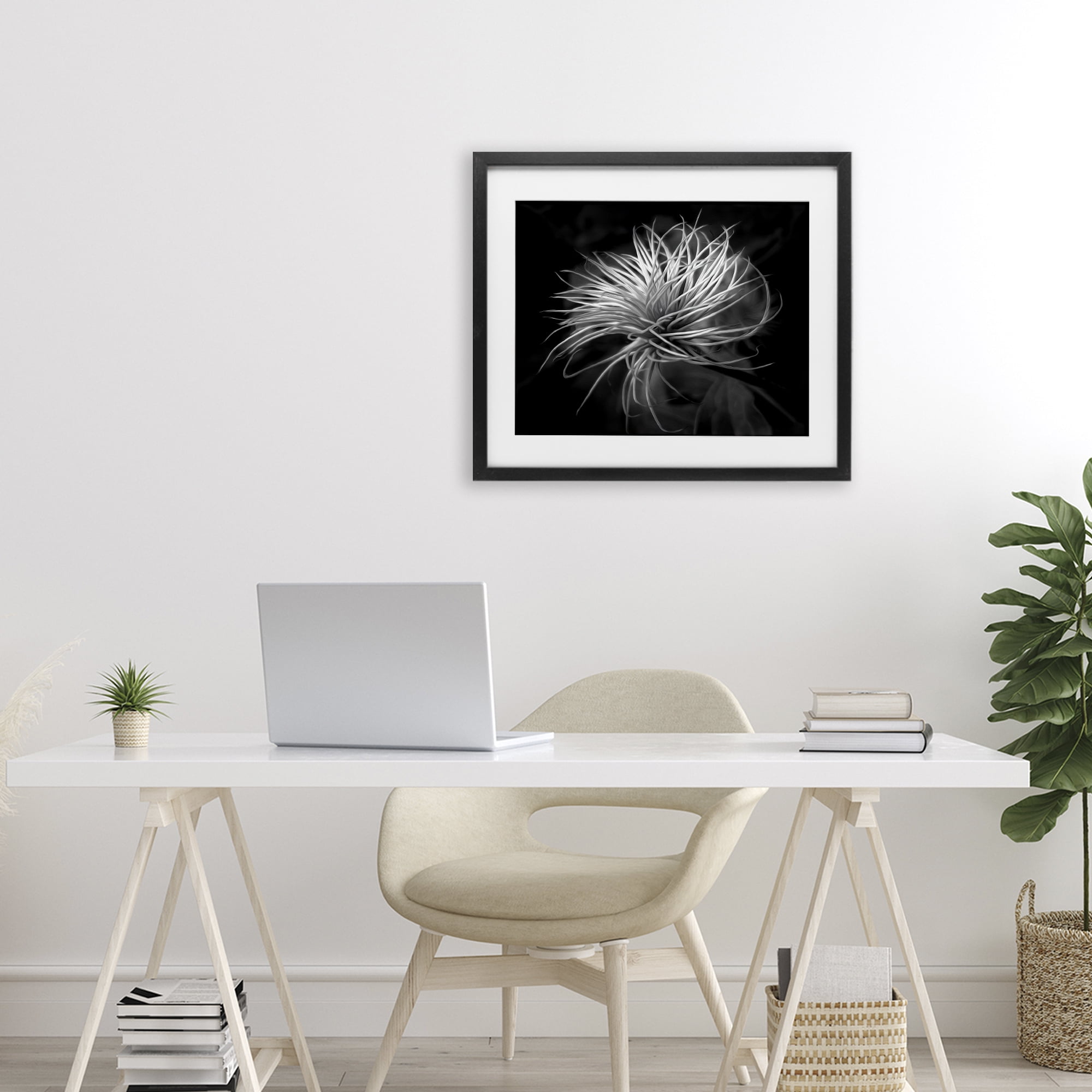 Twisting Botanical Leaves Contrast Black Framed Print Under Glass, design by Phillip Flowers