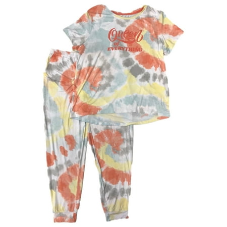 

Womens Lightweight Orange Tie Dye Queen of Everything Pajamas Tee & Pants XL