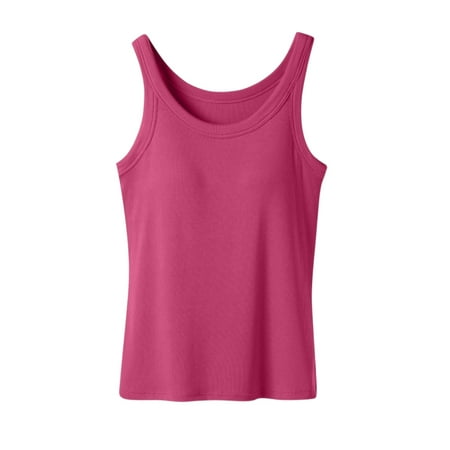 Ribbed Cotton Tank Top with Built in Bra for Women Shelf Bra Camisole Tops Workout Tops Cami Bra Padded Tank Top Sports Bras Hot Pink M