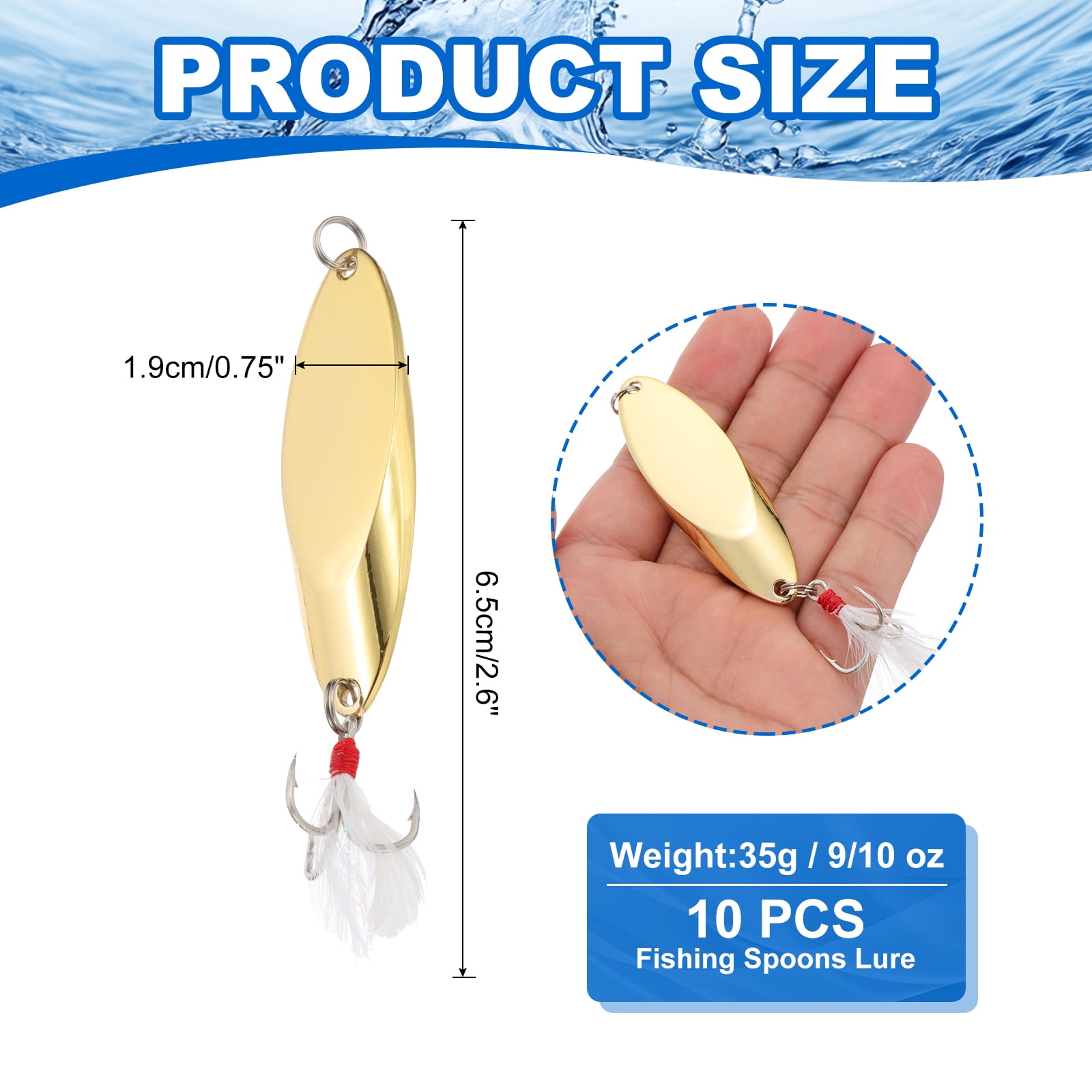 Uxcell Fishing Spoons, 10 Pcs 9/10 oz Fishing Lures Casting Spoon Treble Hooks Jigs Hard Metal Spinner Baits for Freshwater Saltwater Salmon, Gold Tone