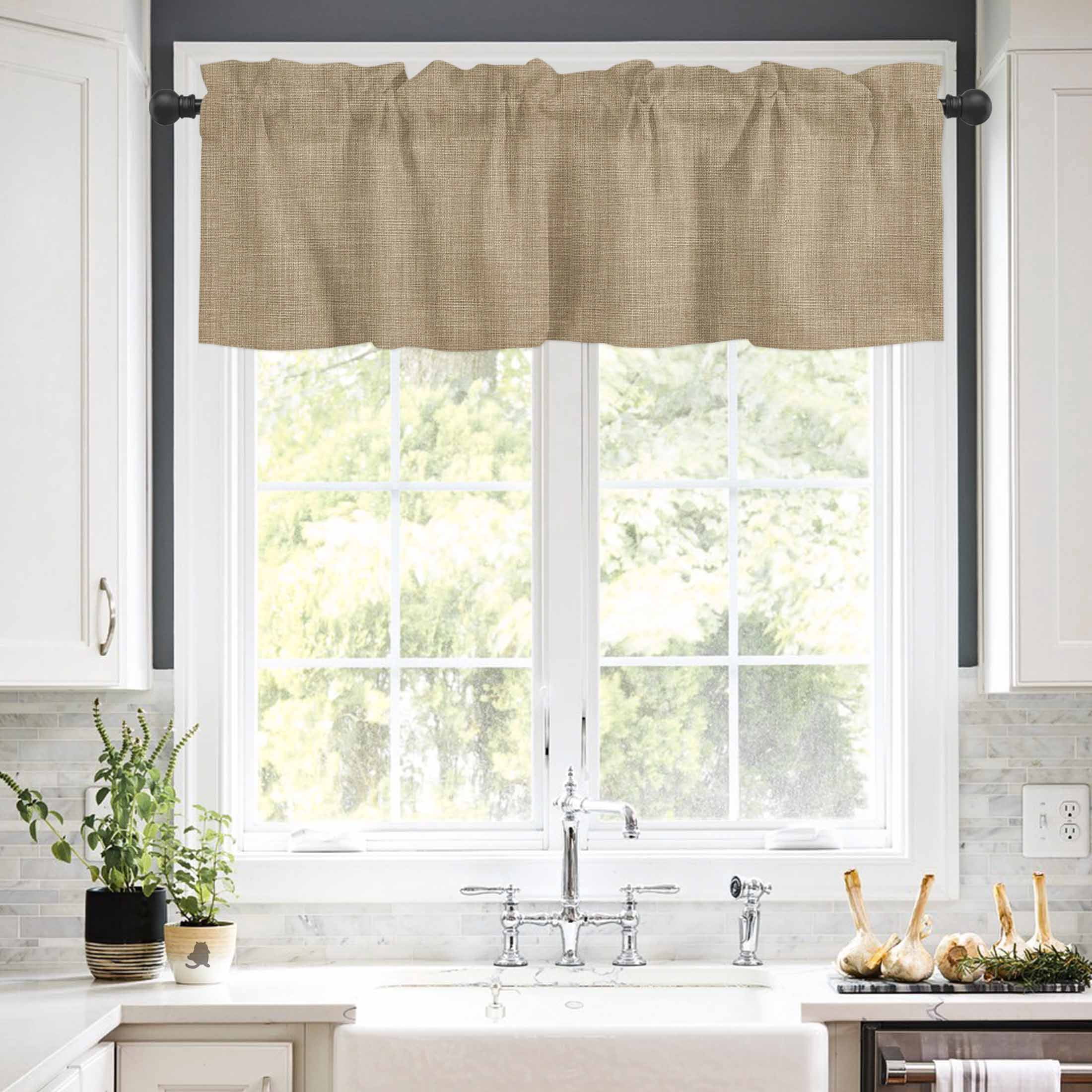 Vintage Linen Valances for Windows Pastoral Brown Linen Texture Farmhouse Rod Pocket Curtain Valance Window Treatment Short Curtains for Kitchen Living Room, 42"x18"