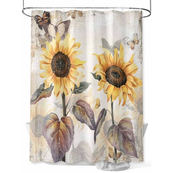 Fsddascl Sunflower Shower Curtain Set - Small 36" x 72" Washable Bathtub Curtain with 12 Hooks, Farmhouse Plant Retro Butterfly Yellow Floral Waterproof Fabric Stall Shower Curtains for Bathroom